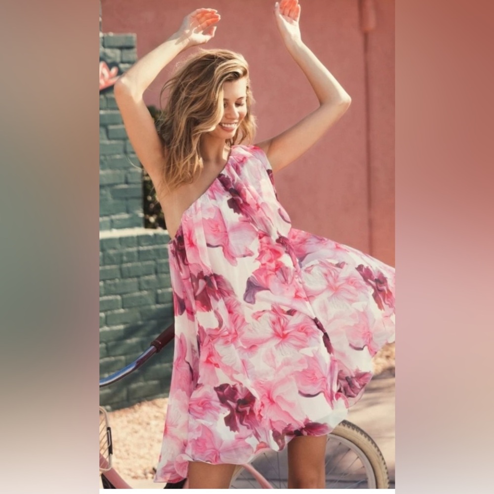 Mac Duggal 55875 Pink floral one shoulder mini dress Size 6 NWT